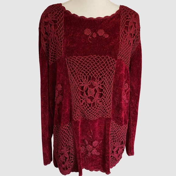 Radzoli Deep Red Chenille Dainty Crochet Flower Detail Cozy Holiday Sweater-Sz-L - Picture 1 of 16